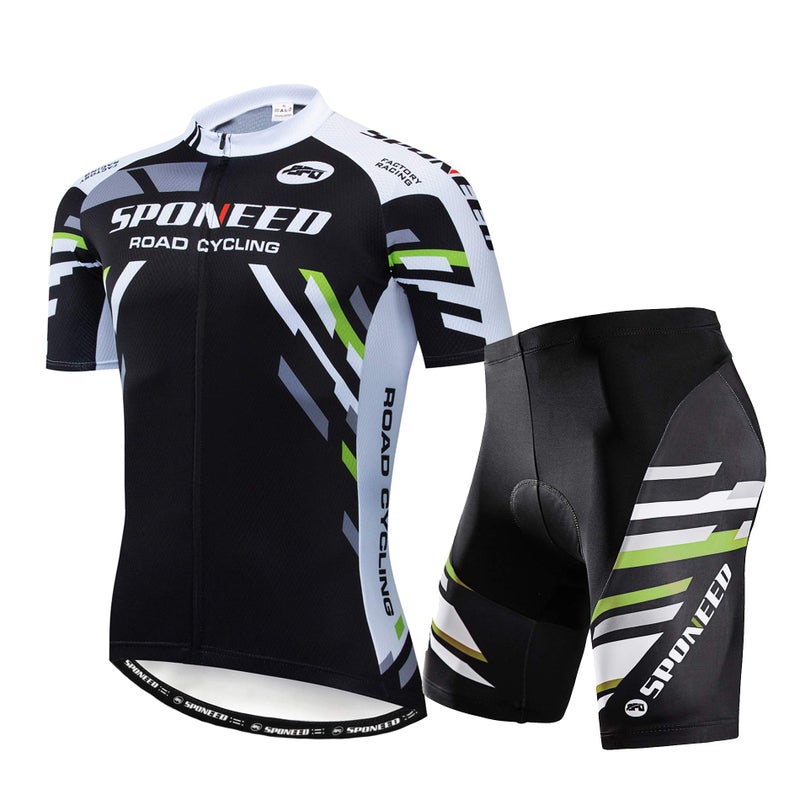 sponeed Men's Cycling Jersey Back Pockets Padded Cycle Shorts Suits Biking Pants US L Green Black - Image 1